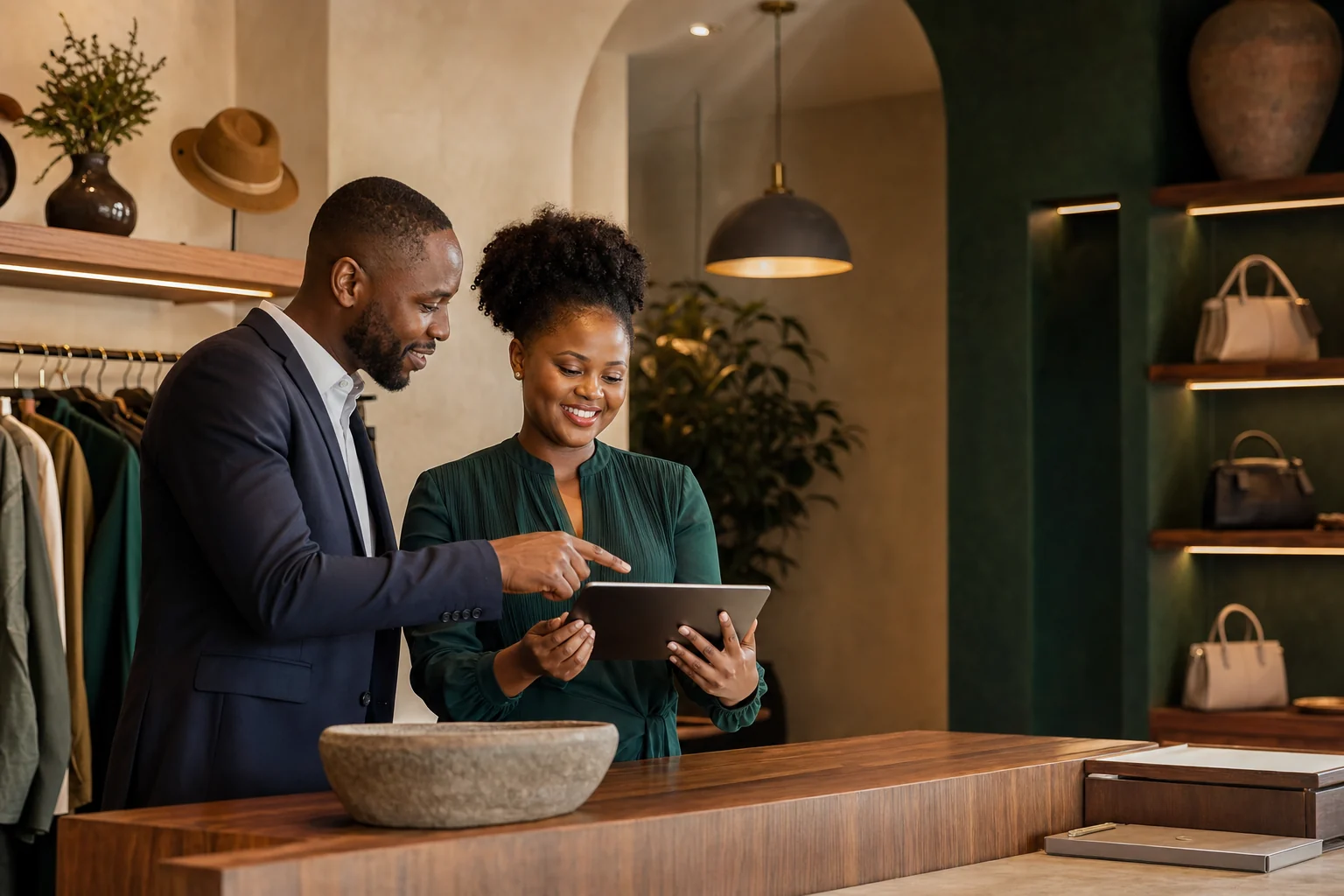 A Zambian entrepreneur reviewing her business with an advisor